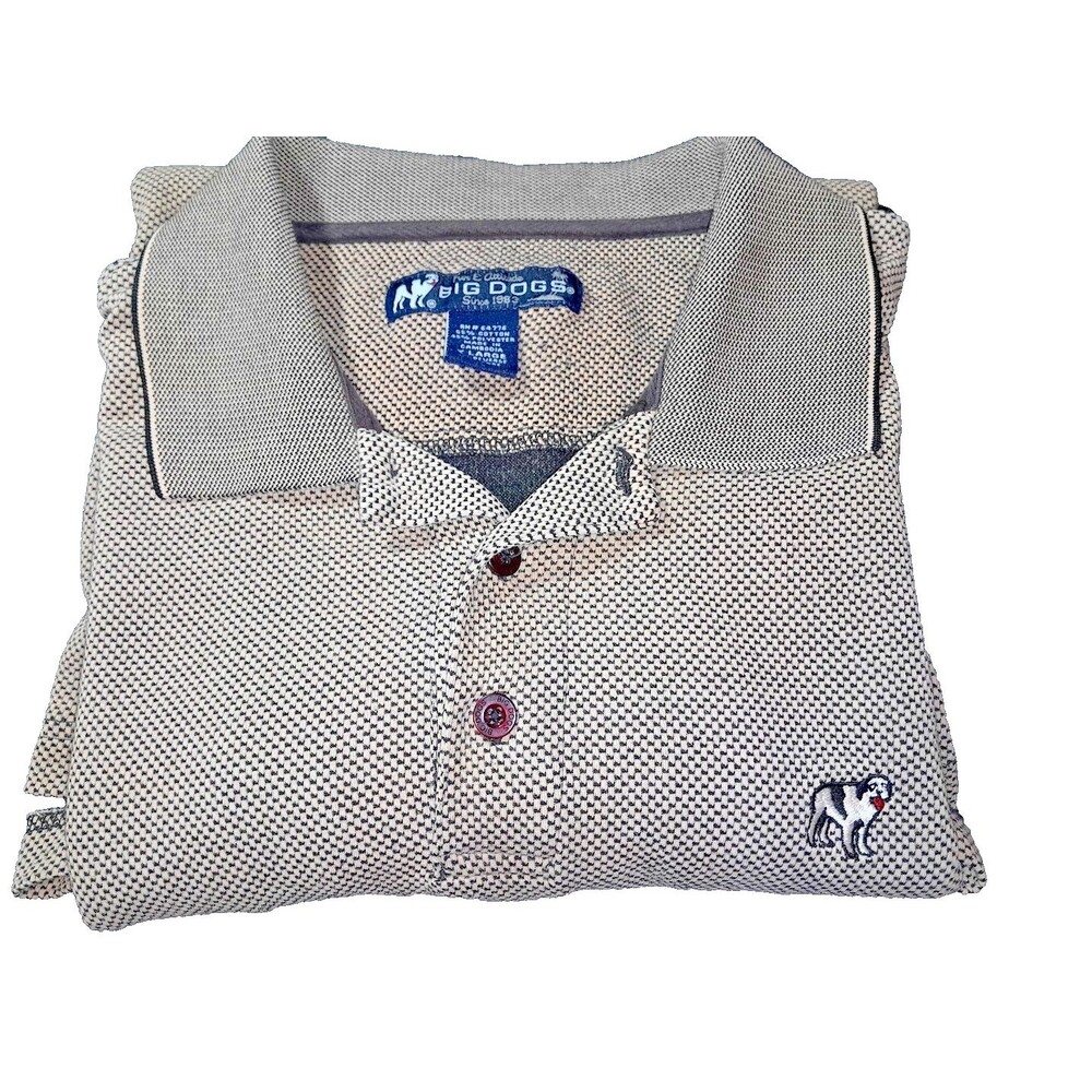 Vintage Big Dogs Polo Shirt Mens XL Beige Black Basketweave Textured Knit Y2K